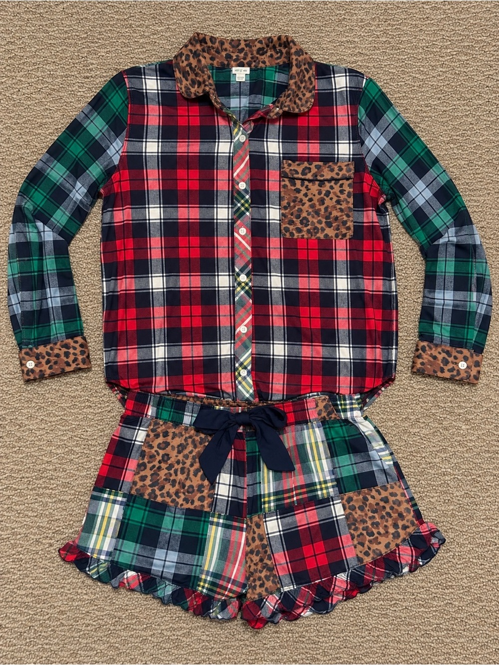 aerie Red, Green & Navy Plaid Patch Leopard-Trim Pajama Set